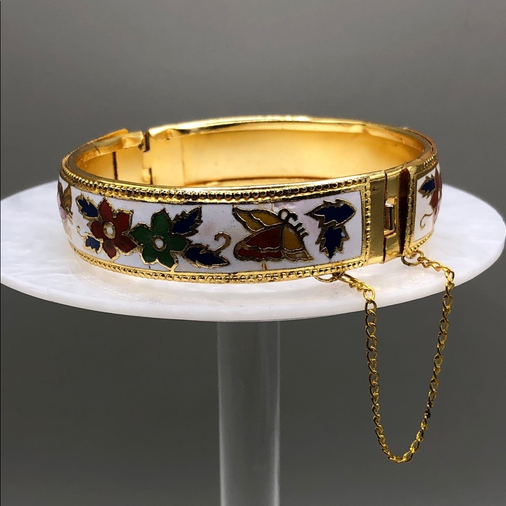 Vintage cloisonne ename flower butterfly hinge bangle bracelet safety chain 7.